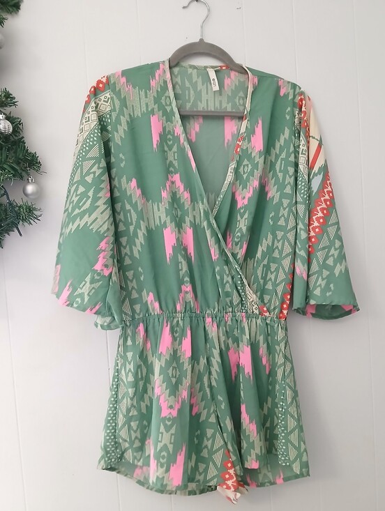 Elan Dresses & Skirts - Elan Green Printed Wrap Romper with Pink & Coral Accents